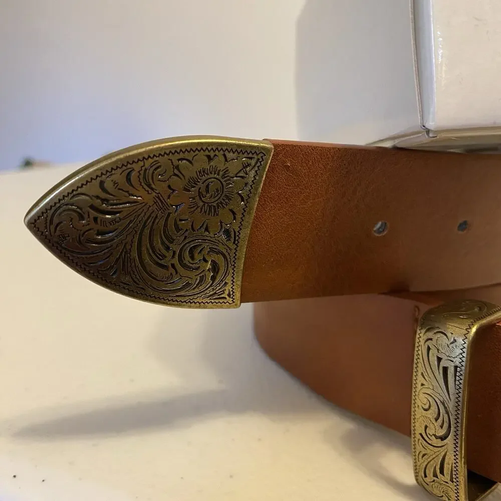 Faux Leather Belt 49”Brown Gold Tone Engraved Buckle Y2K Steampunk